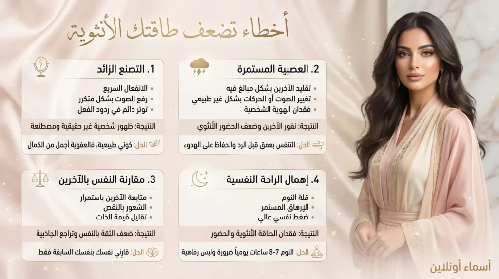 اختبار الانوثة: أخطاء تقلل الأنوثة يجب تجنبها فوراً اختبار الانوثة يكشف أخطاء تضعف الجاذبية الأنثوية