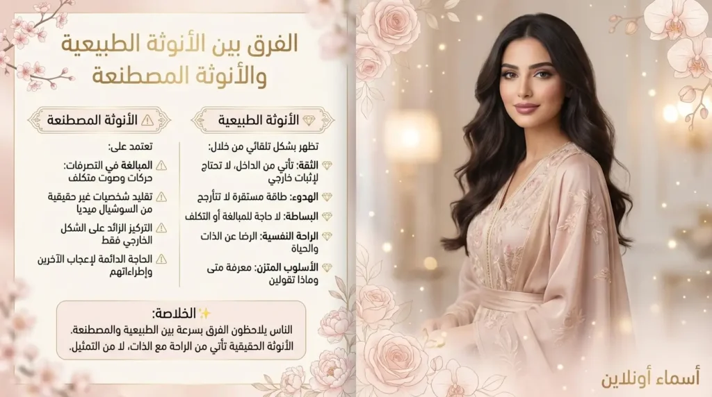 الفرق بين الأنوثة الطبيعية والأنوثة المصطنعة وتأثير كل منهما على الشخصية والحضور الأنثوي مقارنة بين الأنوثة الطبيعية والأنوثة المصطنعة بشكل مبسط