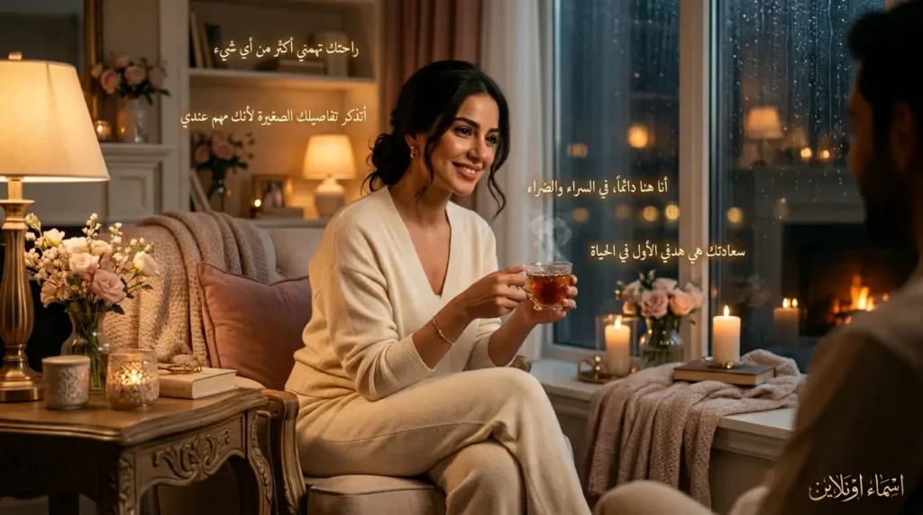 امرأة عربية جميلة بأجواء منزلية هادئة ودافئة أجمل العبارات الرومانسية التي تعبر عن الاهتمام الحقيقي