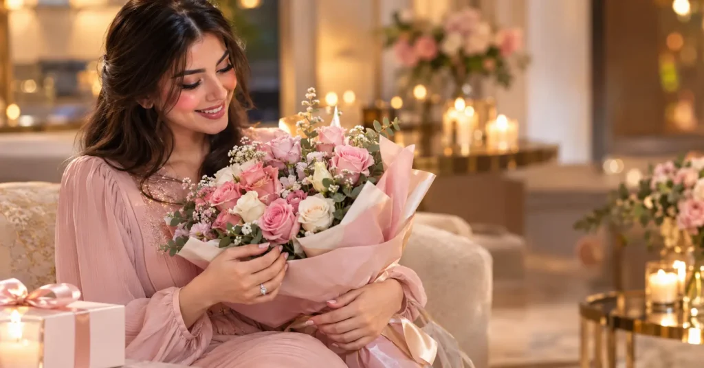 كلمات جميلة للتهنئة بالخطوبة مع باقة ورد وهديّة أنيقة